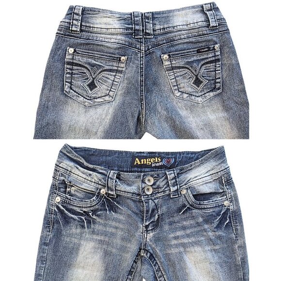 Vintage Y2K  ANGELS JEANS McBling Ultra Low Rise Crop Cuff Icy Wash Jeans Size 7 - Picture 4 of 8